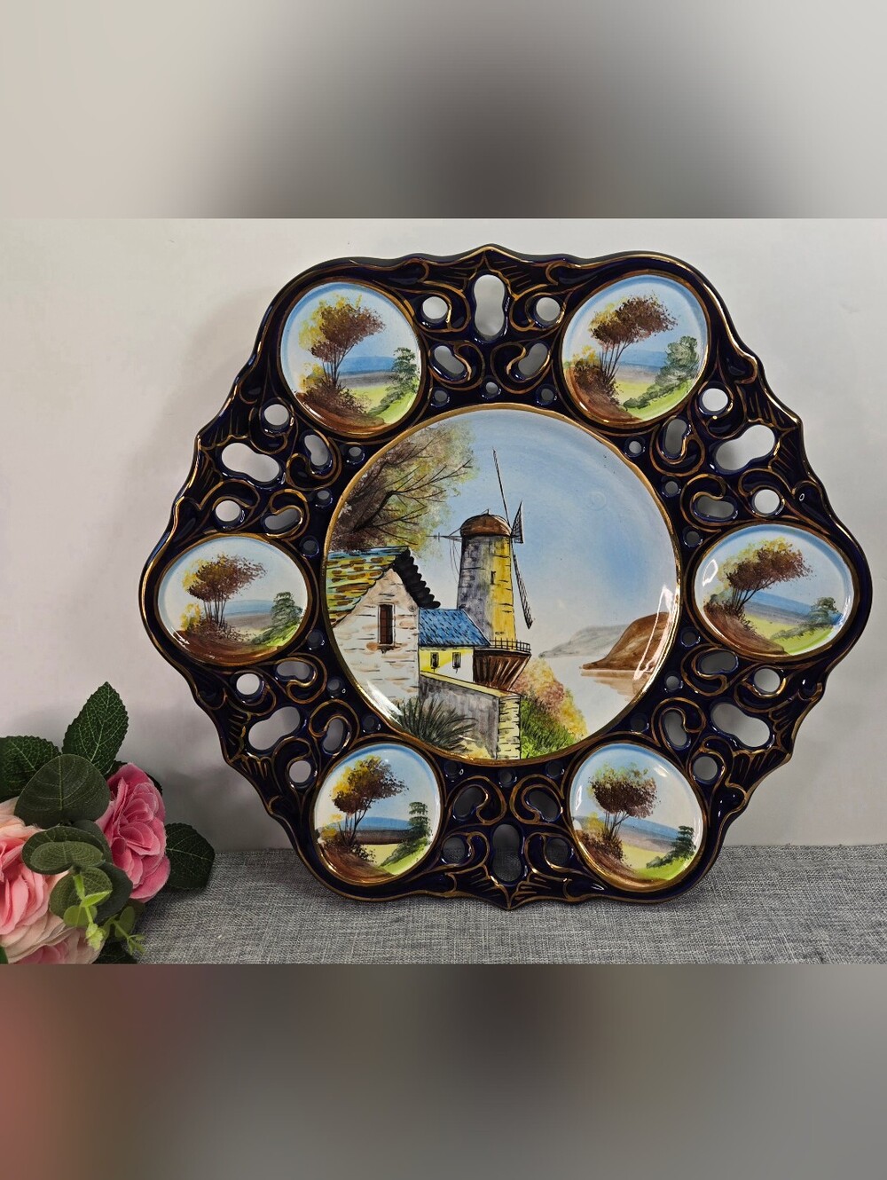 Vintage Portugal Art Pottery Decorative Cobalt Plate Gold Rim 15" Alcobaca Style